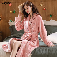 她意美（Tayimei）睡袍冬加厚睡衣季浴袍長款透氣大碼家居服晨袍 胭脂粉心繡字睡袍女 M