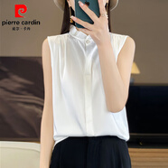 皮爾卡丹（pierre cardin）醋酸立領(lǐng)襯衫女緞面木耳邊法式花邊無(wú)袖吊帶背心打底百搭洋氣上衣 【白色】木耳邊無(wú)袖襯衫 M 碼【80-100斤】