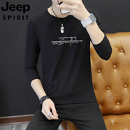 JEEP SPIRIT吉普品牌春季男士長袖t恤圓領(lǐng)韓版潮流印花男裝打底衫上衣服秋衣 長袖SP黑色 4XL