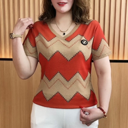 楠語(yǔ)秋2025春夏新款短袖冰絲t恤印花V領(lǐng)條紋小衫顯瘦媽媽裝大碼女裝上衣 FE-028桔紅色 M 【建議85-110斤】