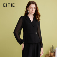 愛(ài)特愛(ài)（EITIE）氣質(zhì)V領(lǐng)收腰網(wǎng)紗拼接顯瘦黑色襯衫2025春季新款小上衣女A2513519 極簡(jiǎn)黑20 2XL (175)