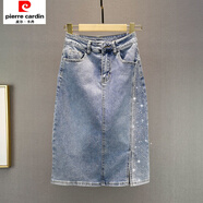 皮爾卡丹（pierre cardin）牛仔半身裙女2025夏季新款高腰顯瘦歐洲站重工燙鉆藍色包臀中長裙 淺藍色 M