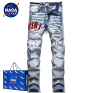 NASALIKE字母刺繡老虎牛仔褲男士時(shí)尚AM潮牌修身潮流新款破洞高街痞帥小腳 亮片紅刺繡牛仔褲 藍色 S