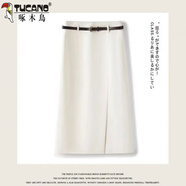 啄木鳥(niǎo)開(kāi)叉字半身裙女春夏季2025新款高腰包臀裙顯瘦半裙中長(zhǎng)裙西裝裙 白色 裙長(zhǎng)76 S 80-95