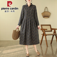 皮爾卡丹（pierre cardin）2025夏季新款復(fù)古印花娃娃領(lǐng)森系中長款長袖打底碎花棉麻連衣裙女 2024藍(lán)底黃葉2025 XL 建議體重125-135斤