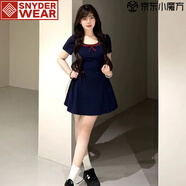 SNYDER WEAR棉質(zhì)蝴蝶結(jié)連衣裙撞色夏季收腰淑女氣質(zhì)方領顯瘦新款學生U領中裙 中裙 S