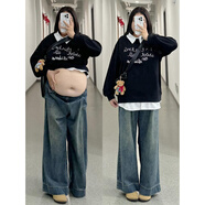 勤度胖妹妹加肥加大大碼闊腿褲女200斤寬松300斤裝復(fù)古闊腿牛仔褲顯瘦 藍(lán)色后松緊腰 5XL 參考205-230斤