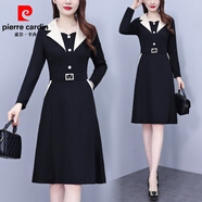 皮爾卡丹（pierre cardin）西服領(lǐng)連衣裙感女神范氣質(zhì)秋冬季新款大碼女裝假兩件時(shí)尚裙子高貴 黑色 XL 建議120-130斤