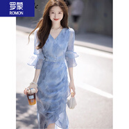 羅蒙（ROMON）女裝V領(lǐng)七分袖連衣裙 2025夏季新款淑女風印花喇叭袖套頭不規(guī)則裙 藍色 M