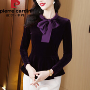 皮爾卡丹金絲絨襯衫女士長(cháng)袖打底衫春季新款收腰裙擺上衣媽媽蝴蝶結襯衣 深紫色 L
