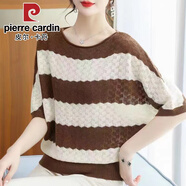 皮爾卡丹（pierre cardin）針織冰絲蝙蝠衫短袖t恤女夏季新款條紋寬松加大遮肚顯瘦洋氣上衣 2024駝色版2025 2XL