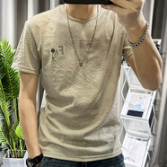 麥潮尚亞麻短袖T恤男新款夏季薄款高端體恤衫涼感棉麻半袖上衣潮 杏色 XL 130-145斤