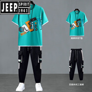 吉普（JEEP）夏季運(yùn)動套裝男裝2025新款青年時尚短袖帥氣穿搭一套衣服潮 813青色套裝(T恤+126褲子) L 【100-115斤】