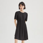 艾萊依（ERAL）紫色抽繩休閑連衣裙女裝夏季感法式裙氣質(zhì)裙子 炭黑 XS 155