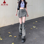 夏雨瑤2025新款套裝女不規則a字牛仔半身褲裙女夏季辣妹條紋拼接腿套兩 短裙+腿套 S