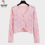 啄木鳥(niǎo)針織衫2025夏季新款冰絲薄款開(kāi)衫短款鏤空披肩女上衣裙子外搭防嗮 粉紅色 L 建議110-120斤
