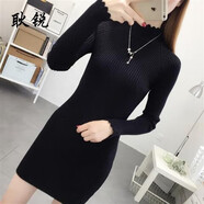 耿銳（gengrui）毛衣女中長款2025秋冬季新款黑白色洋氣修身半高領針織打底衫 黑色【加厚中長款】 M _建議90-100斤
