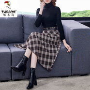 啄木鳥格子毛呢半身裙女2024新款秋冬高腰中長款a字裙收腰顯瘦大擺傘裙 卡其色格子 L 2尺1【建議105-115斤】