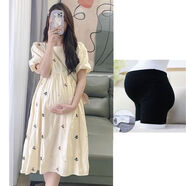 GOCHIEI孕婦裝2025新款夏季花色韓版甜美連衣裙泡泡袖中長(cháng)款清新圓領(lǐng)裙子 杏色碎花裙+黑色安全褲 XL120-140斤 均碼