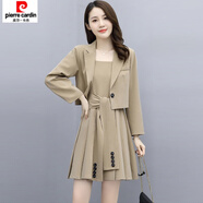 皮爾卡丹（pierre cardin）長(zhǎng)袖小個(gè)子連衣裙女兩件套春秋新款氣質(zhì)高端顯瘦洋氣套裝裙子 卡其色 2XL