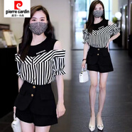 皮爾卡丹（pierre cardin）短袖雪紡衫女新款假兩件露肩上衣夏季遮肚子顯瘦時(shí)尚洋氣襯衫 黑領(lǐng)白字條紋上衣 建議100-115斤 L