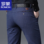 羅蒙（ROMON）冬季加絨男士休閑褲韓版潮流修身直筒格子商務(wù)長(cháng)褲秋冬加厚褲子男 藍色 秋款 29碼(2尺2)