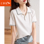 紅蜻蜓優(yōu)雅POLO領(lǐng)T恤女織帶拼接夏季新款純色簡(jiǎn)約氣質(zhì)通勤上衣 白色短袖 L 建議110-120斤