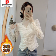 皮爾卡丹（pierre cardin）加絨蕾絲打底衫女秋冬新款修身V領(lǐng)褶皺氣質(zhì)小衫內搭長(cháng)袖上衣 杏色加絨 185-195斤 6XL