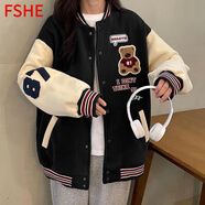 FSHE棒球服女春秋2025新款寬松韓版重工排扣卡通學生休閑夾克外套女加 黑色拼杏色_[春秋] 薄款 L _100-120斤
