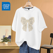 真維斯（JEANSWEST）時(shí)尚短袖t恤女學(xué)生可愛(ài)甜美學(xué)院女裝ins風(fēng)夏季新款純棉寬松上衣服 白色 蕾絲蝴蝶結(jié) S