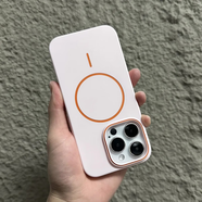 Apple通用高品質(zhì)磨砂撞色硬殼適用蘋果16promax純色簡(jiǎn)約手機(jī)殼iPhone15pm防摔14Pro磁吸無(wú)線充電ip1 圈框同色【櫻花粉-超細(xì)橙色磁吸圈】純色磨砂PC殼 iPhone 16 plu