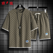 雅鹿2件裝短袖T恤男套裝夏季時(shí)尚寬松夏季男士百搭休閑運動(dòng)潮牌兩件套 灰杏短袖+灰杏短褲 M