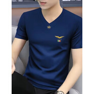 嘉曄V領(lǐng)短袖t恤男士2024夏季潮牌雞心領(lǐng)冰絲體恤衫青年高端男裝 藏藍色 M M70-85斤