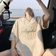 花花公子夏季短袖男款寬松鋼印五分袖青少年半袖體恤美式學院風重磅T恤男 TL2505-杏色 L 建議110-125斤