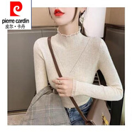 皮爾卡丹（pierre cardin）23秋冬新款半高領(lǐng)毛衣打底衫女內(nèi)搭洋氣上衣蕾絲拼接中領(lǐng)針織衫 1334米白 L 【建議110-125斤】