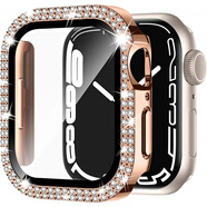 萬(wàn)浮生適用applewatch鉆石手表殼一體殼膜蘋(píng)果手表s10 s9手表帶保護殼水鉆s8帶鉆se鑲鉆十代iwatch保護膜 雙排鉆 亮玫瑰金 殼膜一體 iWatch S9/S8/S7 45mm ipho