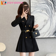 VOYDOVE小個子赫本風(fēng)西裝連衣裙2025秋季新款氣質(zhì)黑色西服修身百褶裙1875 黑色【z】 M 100-110斤