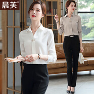 晨芙職業(yè)裝V領(lǐng)白襯衫女長(cháng)袖時(shí)尚氣質(zhì)雪紡襯衣工裝商務(wù)白領(lǐng)教師工作服 白色襯衫+黑西褲 M 建議92-102斤