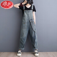 浪莎（LangSha）設(shè)計(jì)感小眾工裝牛仔背帶褲女2025新款春季百搭寬松休閑連體長(zhǎng)褲子 藍(lán)色 L 【建議115-130斤】