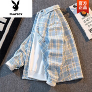 花花公子（PLAYBOY）小香風(fēng)夾克外套男短款寬松休閑百搭?yuàn)A克春秋款潮牌高級(jí)感格子夾克 淺藍(lán)色 NJN#XXF016高質(zhì)量 XL
