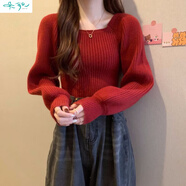 朵貌法式方領(lǐng)紅色毛衣女洋氣內(nèi)搭春秋新款針織打底衫設(shè)計(jì)感小眾泡泡袖 紅色 M 建議85100斤