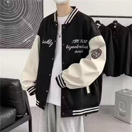 益帛棒球服男秋季新款美式高街字母刺繡拼色簡(jiǎn)約休閑寬松上衣夾克外套 黑色 2XL 【建議140-155斤】