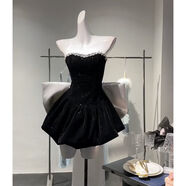 RWNNVI生日party小禮服裙高端輕奢小眾公主蓬蓬裙蝴蝶結(jié)抹胸絲絨連衣裙 黑色單件 2XL