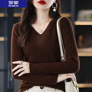 羅蒙（ROMON） 女裝V領(lǐng)針織衫女秋冬季新款內(nèi)搭保暖打底衫軟糯長(zhǎng)袖毛衣洋氣上衣 咖啡色 均碼