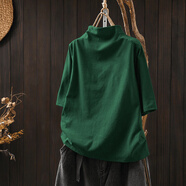 璇醇高領(lǐng)短袖女純棉寬松版氣質(zhì)時(shí)尚洋氣休閑韓版上衣夏季百搭五分袖 墨綠色[純色] 2XL 建議120-140斤