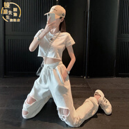 爵士舞服裝女單/套裝女夏2022新款韓版休閑運動服時尚氣質(zhì)顯瘦短袖長褲兩 露腰短款T+破褲【棉】【白】 M【建議100-115斤】