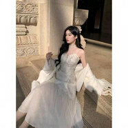 清中喬風(fēng)氣質(zhì)絕美白色蕾絲拼接吊帶連衣裙早春禮服長(cháng)裙 白色 L