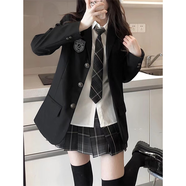 正版jk制服原創(chuàng)秋田立中狗短格裙秋季學(xué)院風(fēng)收腰襯衫百褶短裙套裝 黑色三粒扣西裝+長(zhǎng)袖無透襯衫+煙 M
