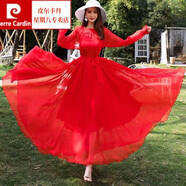 皮爾卡丹（pierre cardin）長(zhǎng)裙度假海邊女沙灘裙連衣裙沙漠旅行拍照及踝大碼顯瘦夏大擺裙 紅色 [長(zhǎng)度124CM] 均碼 [90-160斤可穿]