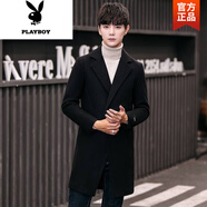 花花公子（PLAYBOY）男士風(fēng)衣春秋季韓版潮中長(cháng)款風(fēng)衣男修身帥氣毛呢風(fēng)衣妮外套男 黑色F3 M 80-115斤